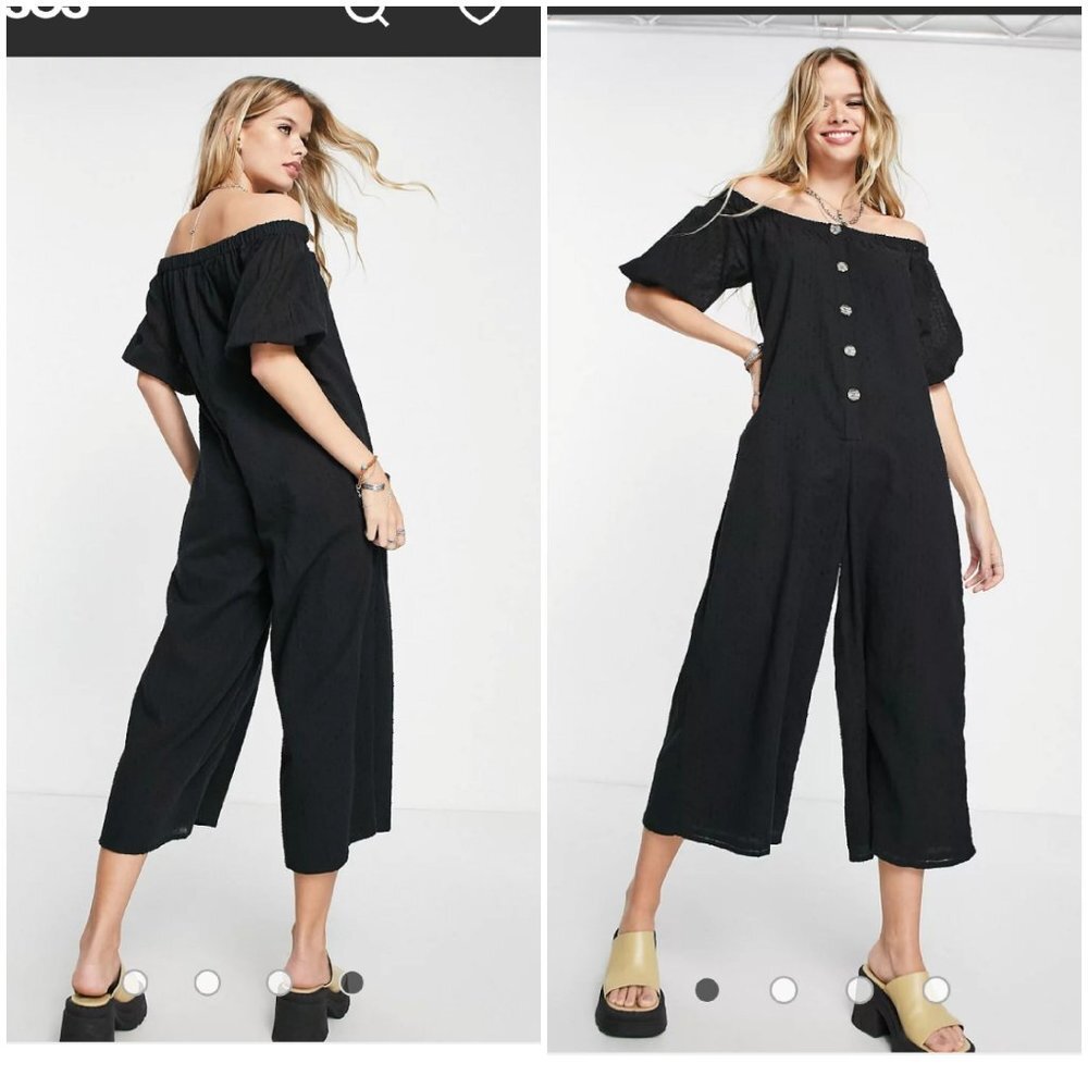 NWOT Asos Design off shoulder button front textured jumpsuit black sz 4 cropped
